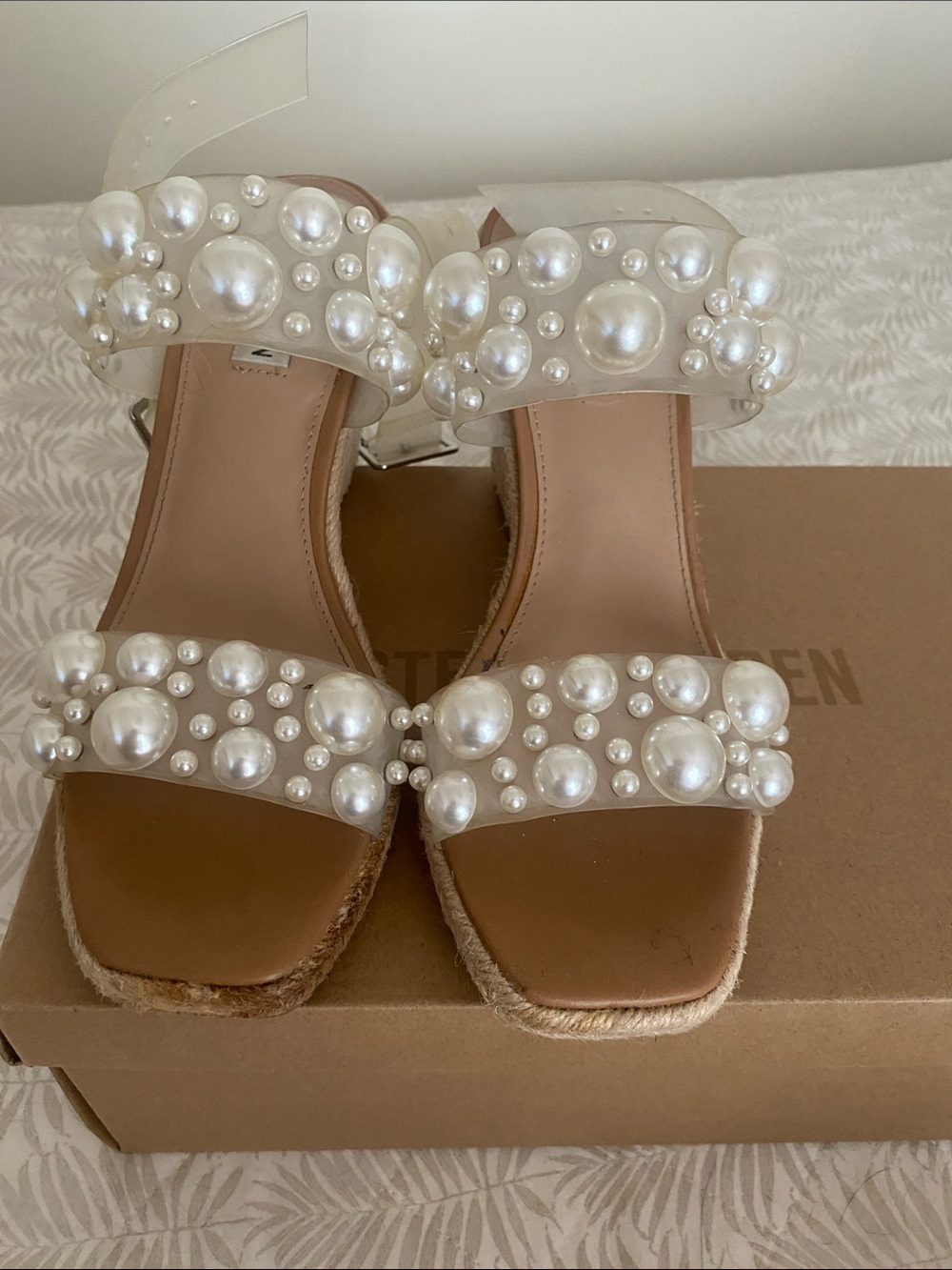 Steve Madden Pearl-Embellished Clear Strap Espadrille Wedges - Tan